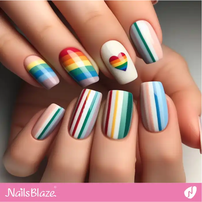 Striped Design with a Rainbow Heart Accent Nail | Pride | LGBTQIA2S+ Nails - NB2393